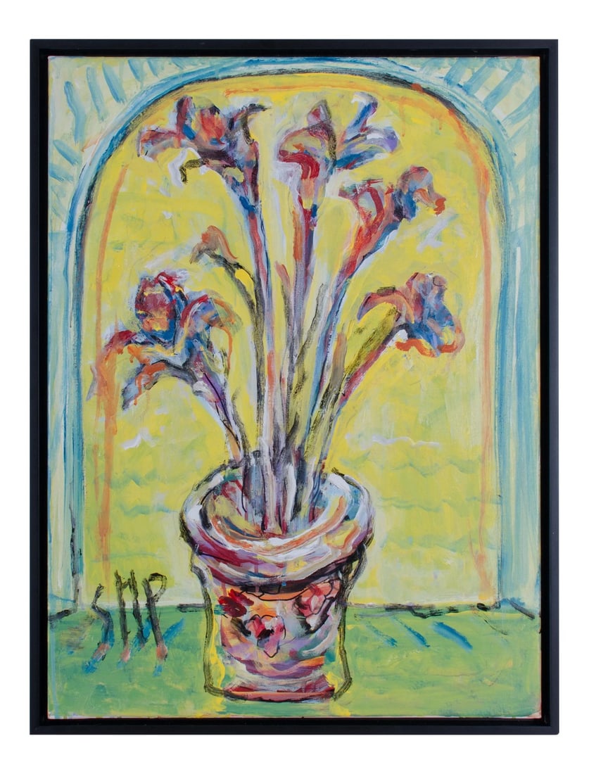 Abstract Oil Painting on Canvas, "Irises" by Suzanne McCullough Plowden: Offered is an oil on canvas by Suzanne McCullough Plowden titled "Irises". Signed lower left, SMP Sight 18 by 24 inches Frame 19 Â¼ by 25 Â¼ inches Newly framed in black floater