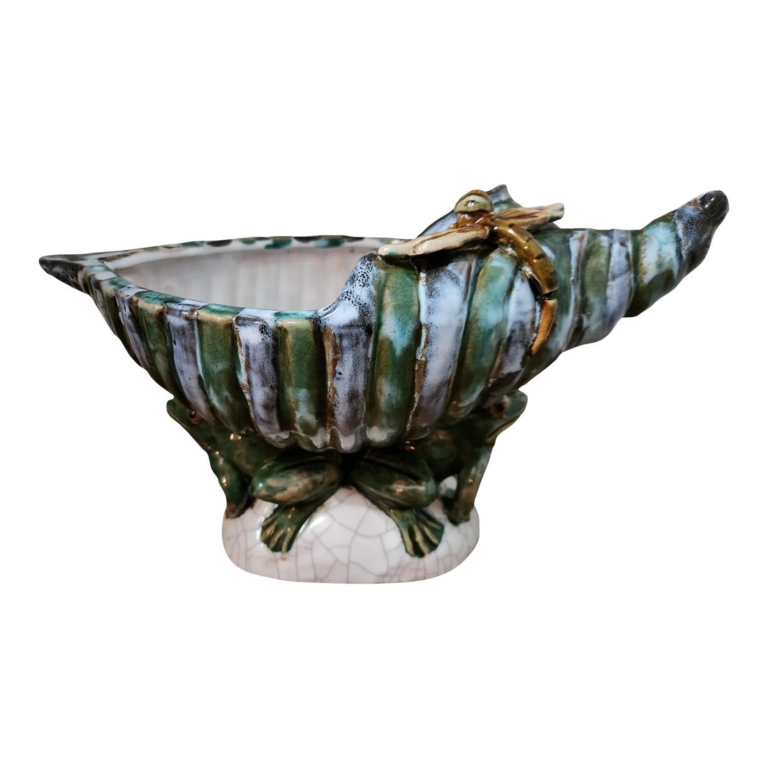 Mid 20th Century French Majolica Style Hand Painted Planter With Frogs, Dragonfly and Sea Shell: This colorful antique barbotine jardinière was sculpted in France circa 1960. Oval in shape with elegant twisted folds that reveal the stunning sea shell, the antique porcelain planter features 2