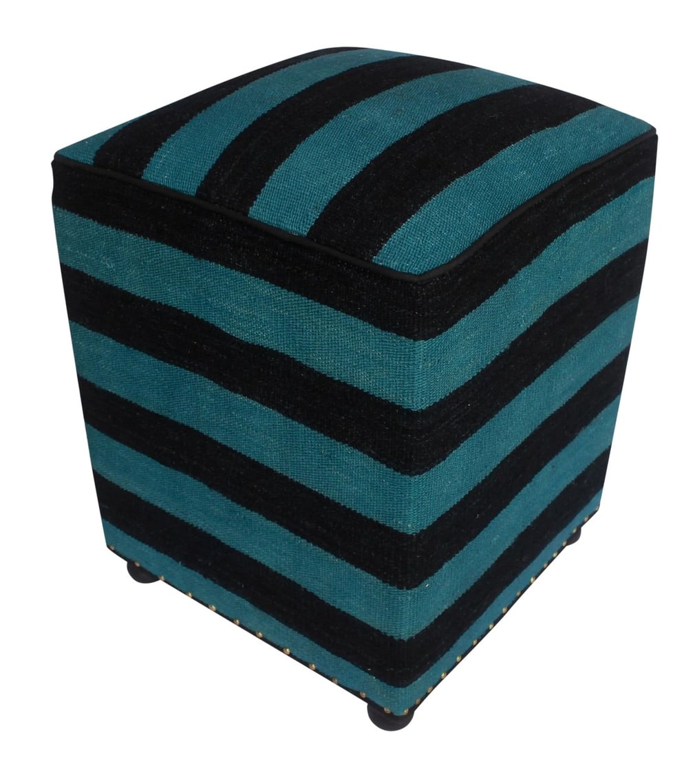 Shabby Chic Arshs Deedra Teal/Black Kilim Upholstered Handmade Ottoman: Chic handmade ottoman crafted using wood and upholstered using hand-woven kilim wool rug is a multi-purpose fashion pouf which will add dimension, color and style to your décor. Inspired by