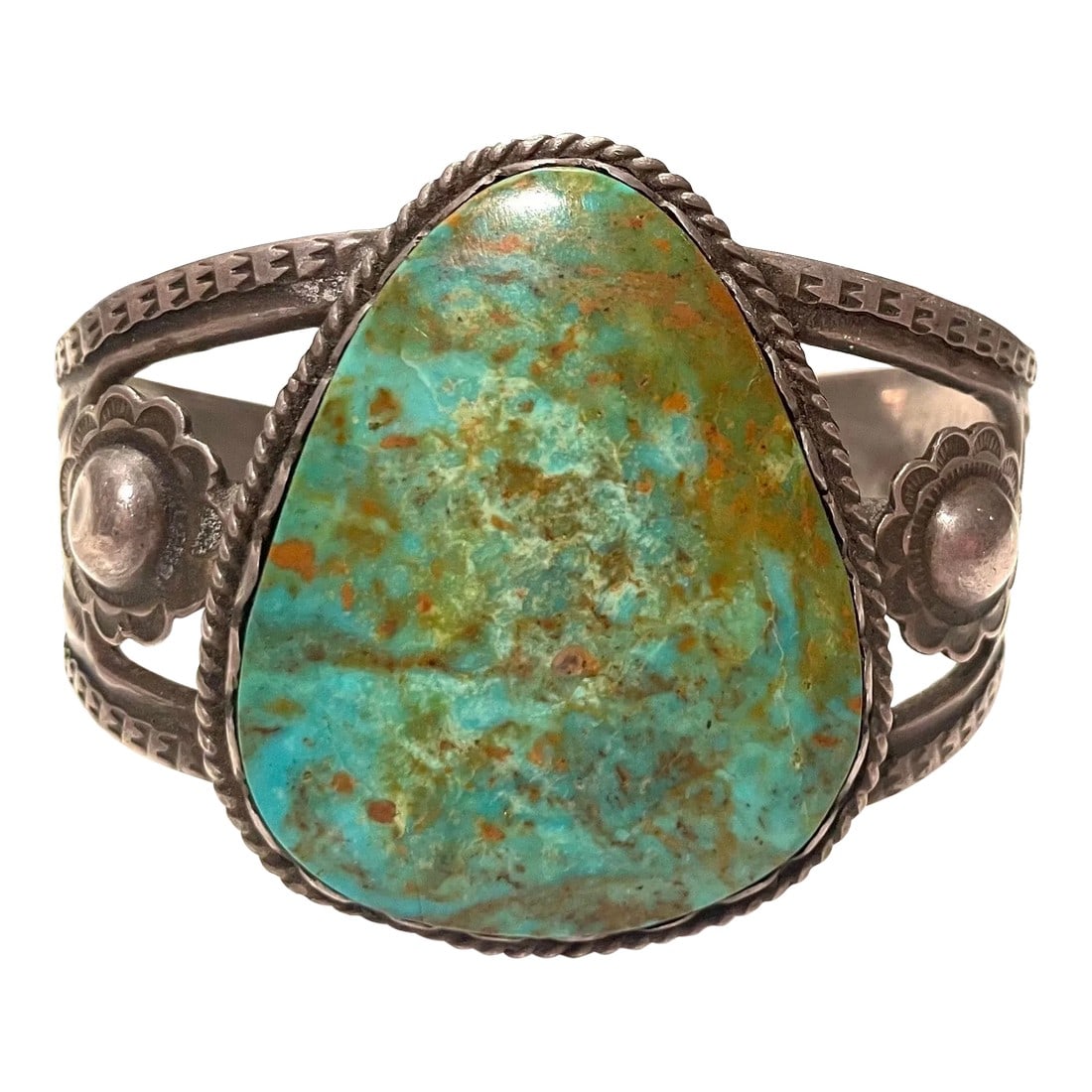 Old Pawn Silver and Turquoise Bracelet/Cuff: I bought this from legendary antiques dealer, Marcy Burns. It has been a well loved piece even years before I was its custodian. This piece will go to a very special person. Condition: Alterations: