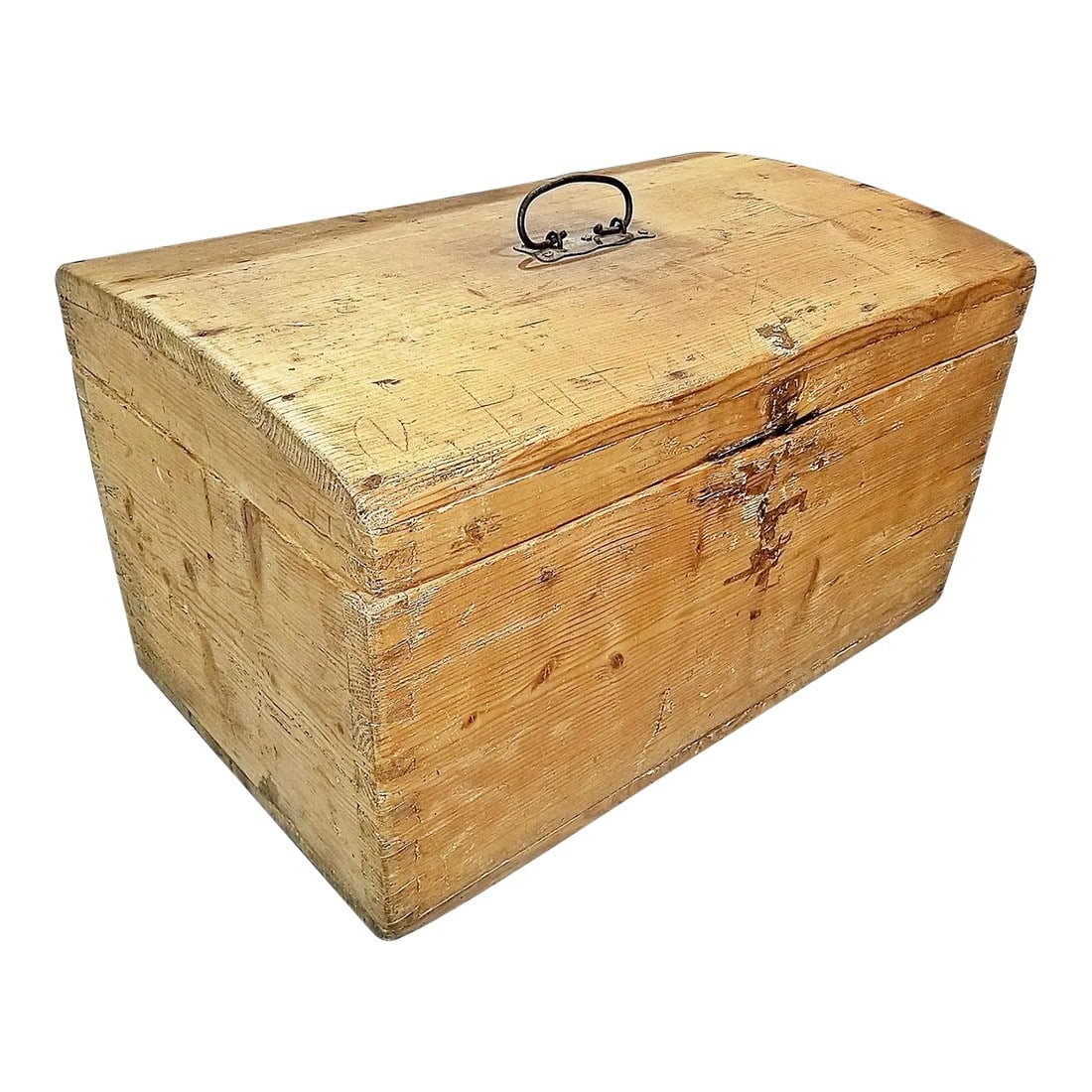 Antique Pine Tool Chest Trunk: What a cute and petite sized 19c pine toolchest from Denmark, original blacksmithy handle on the lid, inside compartment for fragile tools. exposed dovetailing all over, slight arch to the lid with