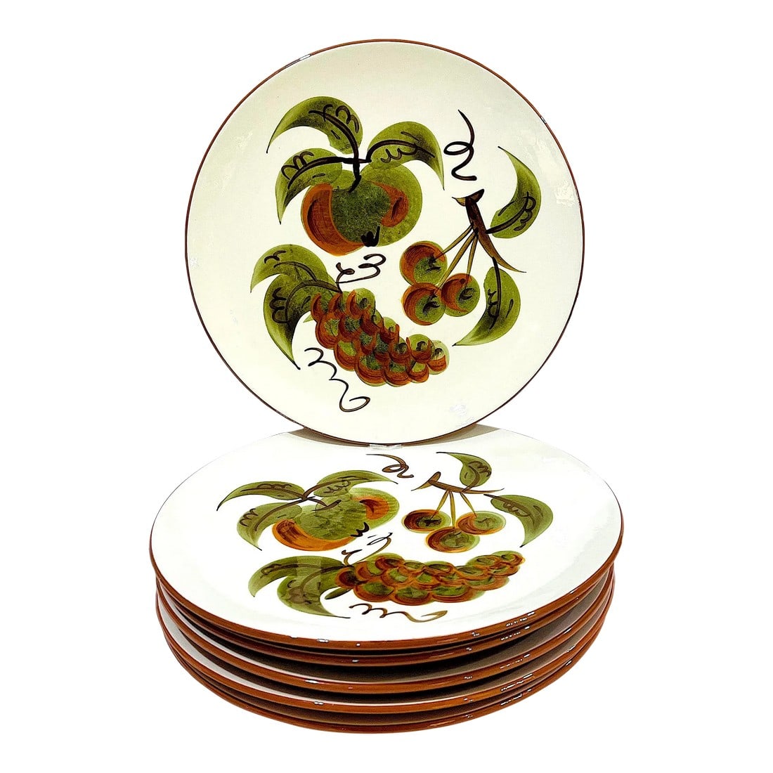 1960's Hand-Painted Stangl "Orchard Song" Dinner Plates - Set of 6: Everybody stepped things up during the mid-twentieth century modern boom. Including the venerable Trenton N.J. pottery Stangl which had been producing pottery since 1814. Starting in 1955 producing