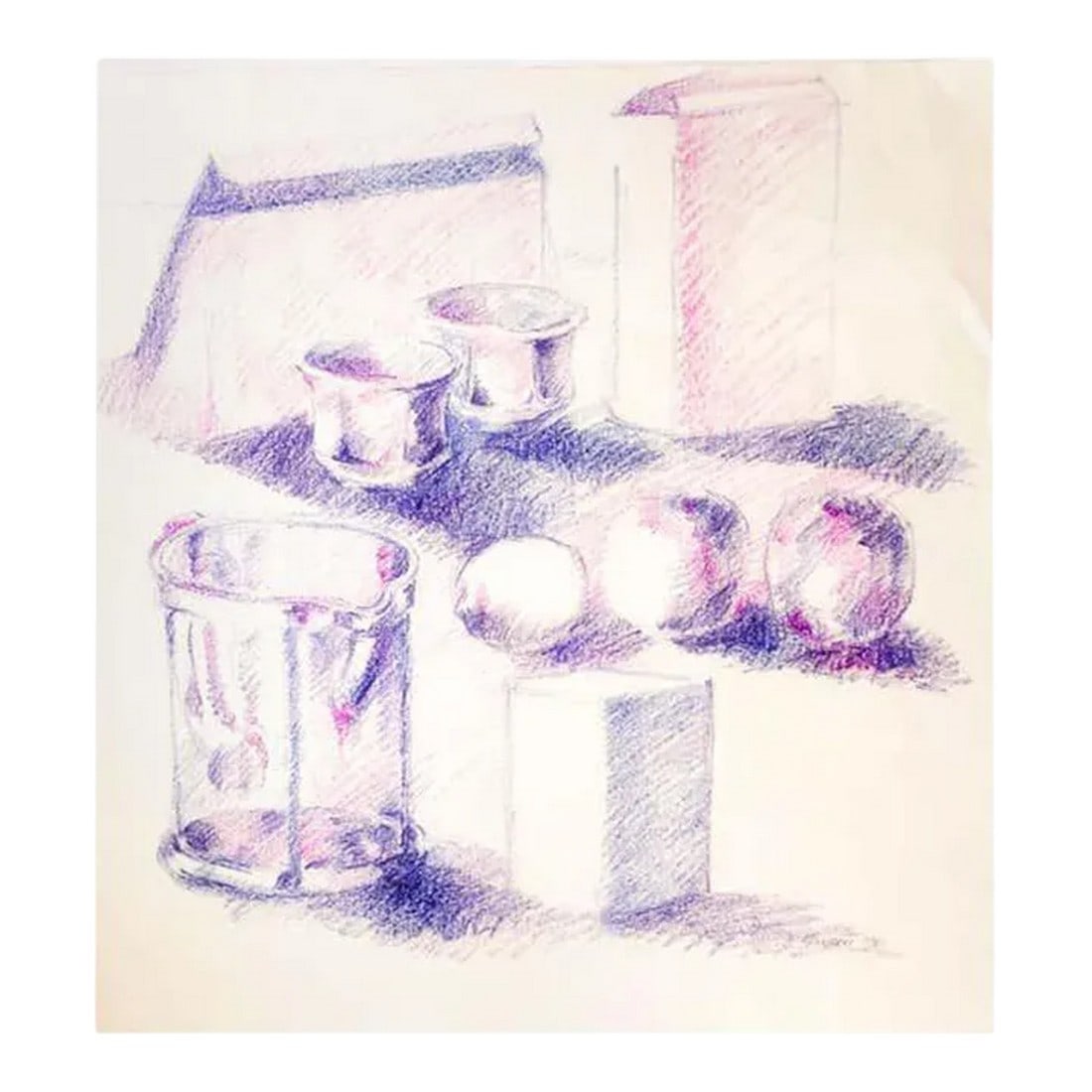 Mid-Century Still-Life Violet Tabletop Pop Art Drawing by Salvatore Grippi 1960: Gorgeous still life drawing by New York Ab Ex artist Salvatore Grippi. Violet oil pencil on paper. Condition: Alterations: Original Condition Unaltered Imperfections: Some Imperfections Condition Note