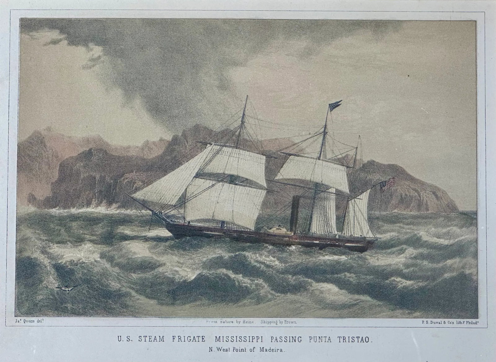 United States Steam Frigate Mississippi Passing Punta Tristao, Ca. 1860 (Custom Framed) - 2