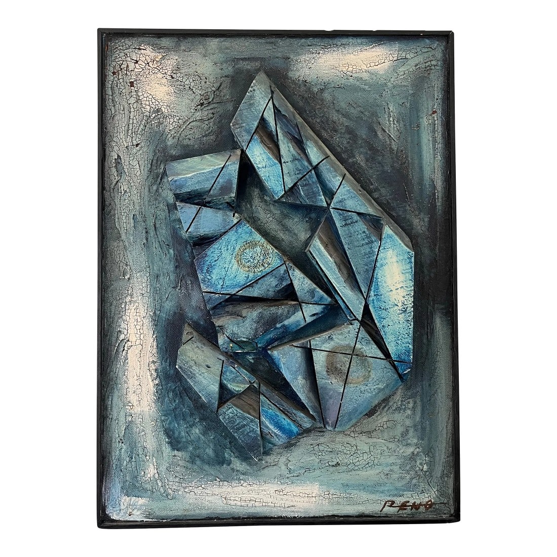 Signed Mixed Media Abstract Art by Ralph Eno: Mid century mixed media blue, black, gray and white abstract by Ralph Eno. Piece is made of carved geometric wood blocks mounted to painted canvas with a wood frame painted black.. Ralph Eno
