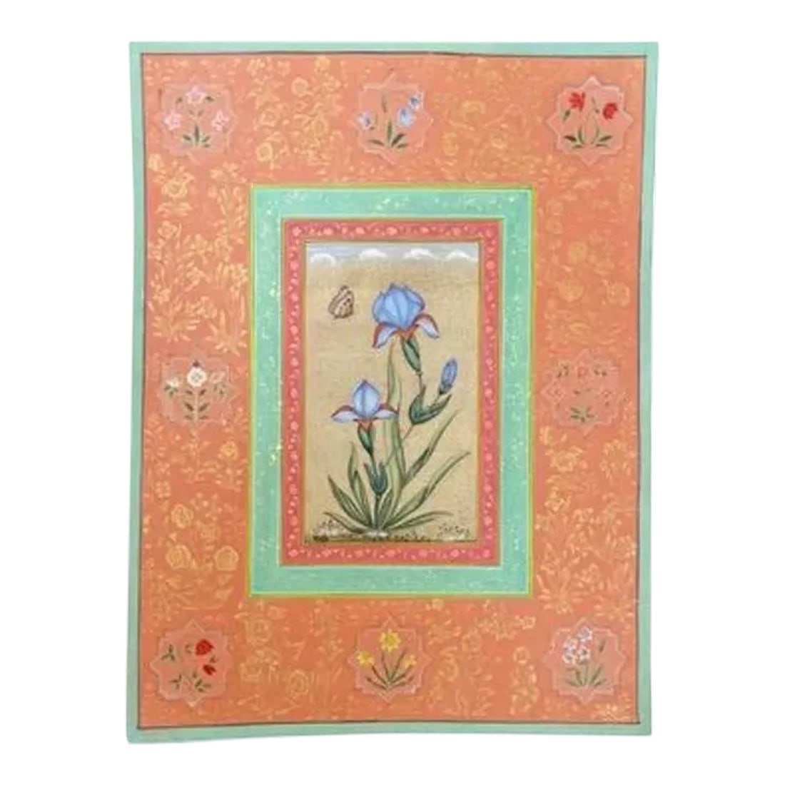 Vintage Indian Mughal Art Flower Painting With Gold Leaf: Vibrant colors, featuring pinks, reds and greens, this is Indian Mughal art is created from the stone inlay work of Mughal monuments. Featuring intricately-detailed flowers and butterflies, painting