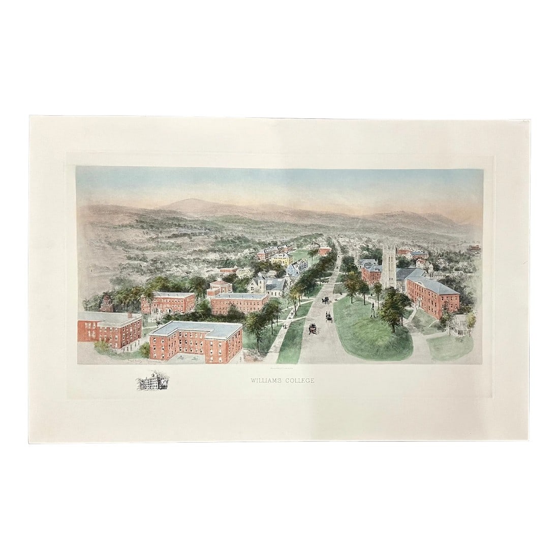 Williams College, After Richard Rummell, c.1913 "” Hand-Colored Print Wove Paper, Large: A finely detailed re-strike engraving of Williams College (Williamstown, Massachusetts), created from the original plate after Richard Rummell, one of the most celebrated American architectural