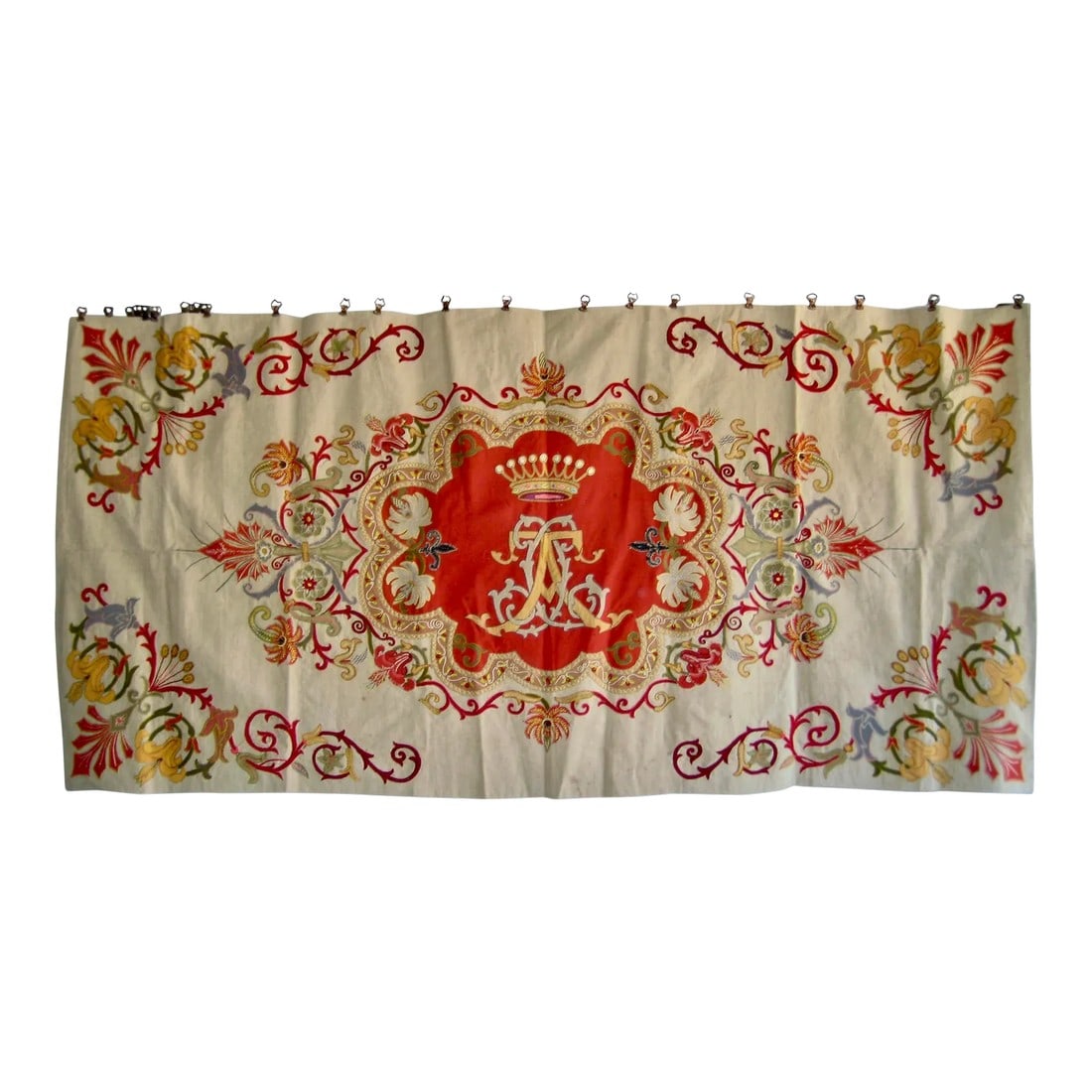 Mid 19th Century Coat of Arms Embroidery Tapestry: Beautiful embroidery on this coat of arms , representing an impressive monogram and a count crown , the base of the embroidery in on a heavy linen and ornaments in felt that would be embroidered with