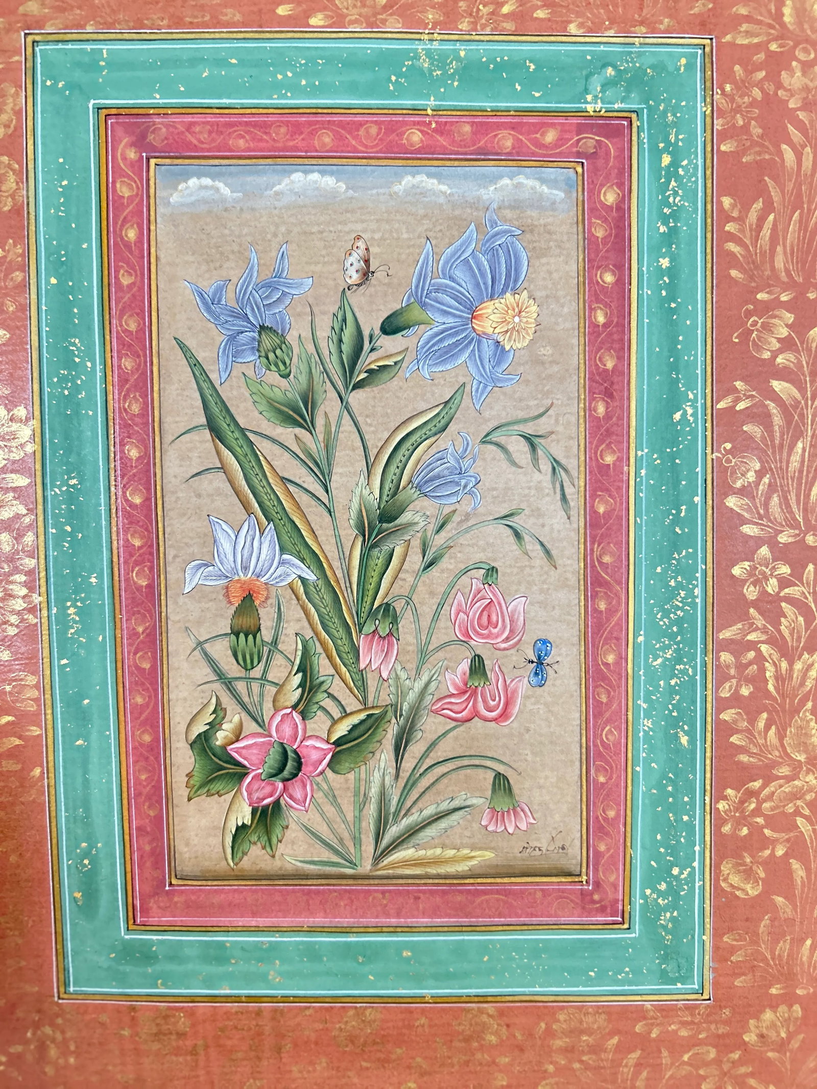 Vintage Indian Botanical in Mughal Border Painting With Gold Leaf - 10