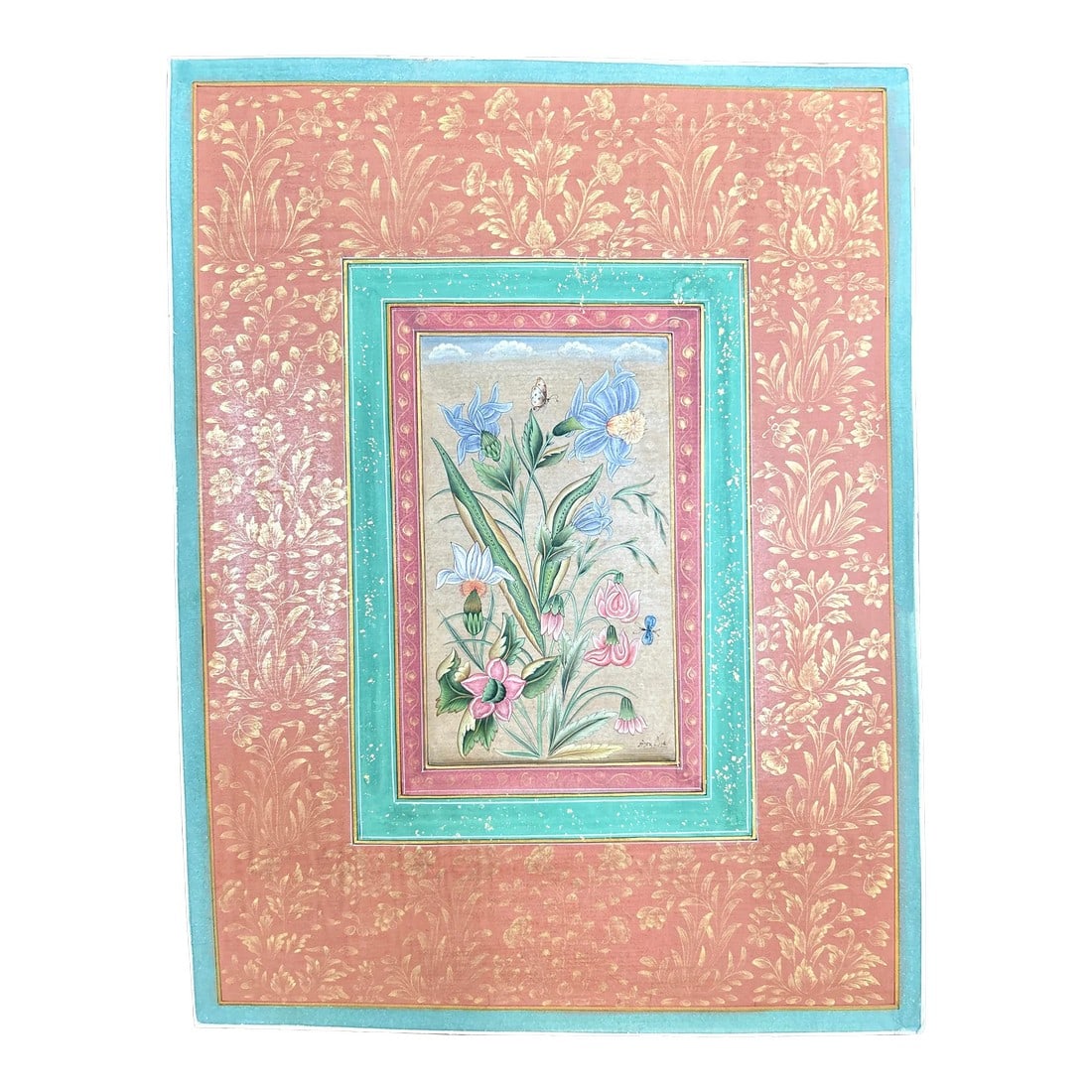Vintage Indian Botanical in Mughal Border Painting With Gold Leaf: Vibrant colors, featuring pinks, reds and greens, this is Indian Mughal art is created from the stone inlay work of Mughal monuments. Featuring intricately-detailed flowers and a butterfly, painting