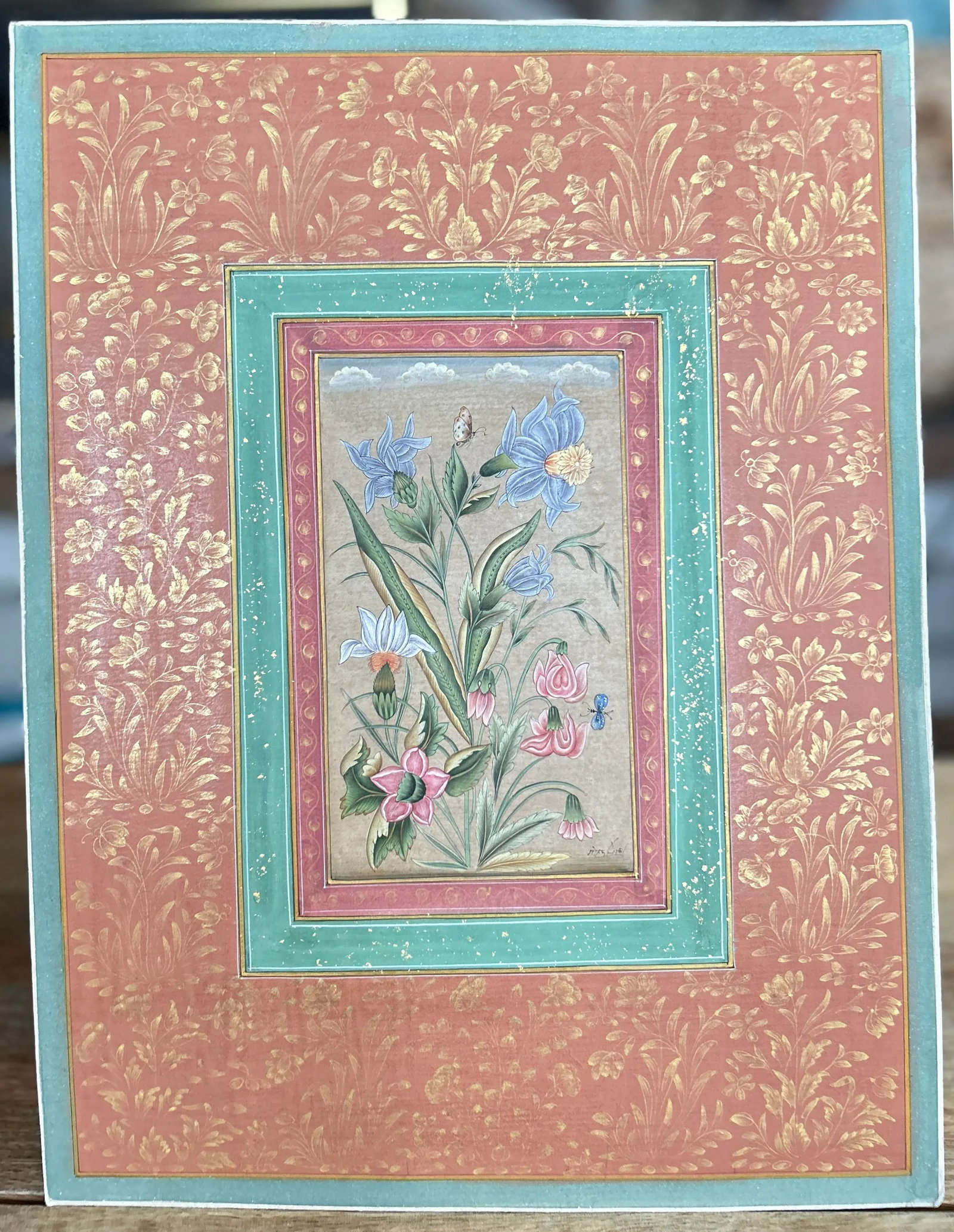 Vintage Indian Botanical in Mughal Border Painting With Gold Leaf - 2