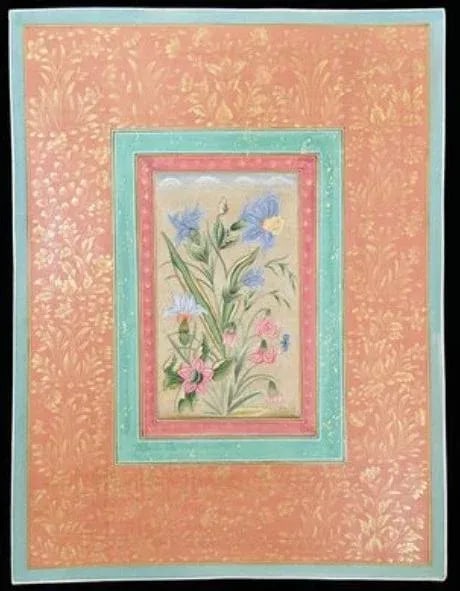 Vintage Indian Botanical in Mughal Border Painting With Gold Leaf - 3