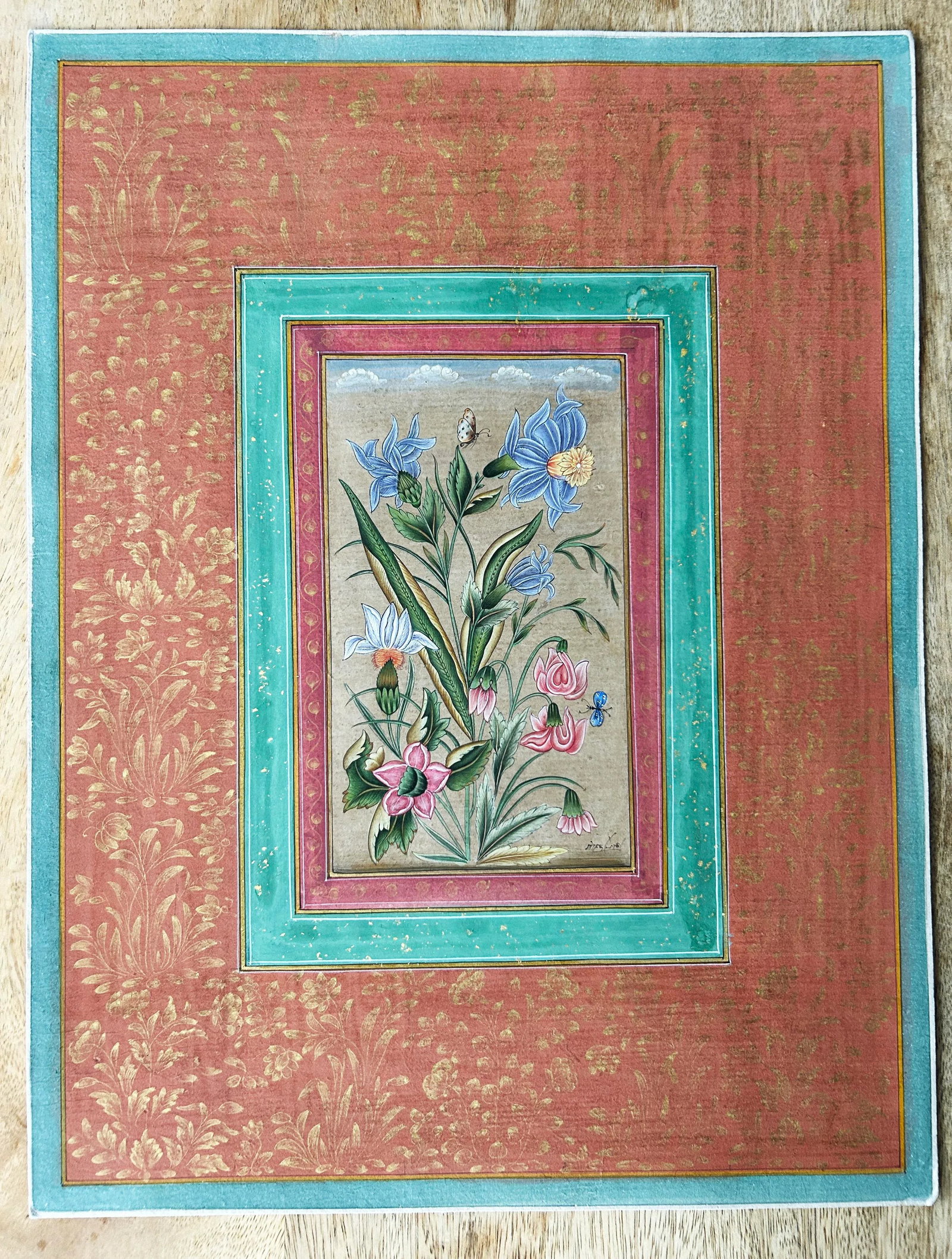 Vintage Indian Botanical in Mughal Border Painting With Gold Leaf - 4