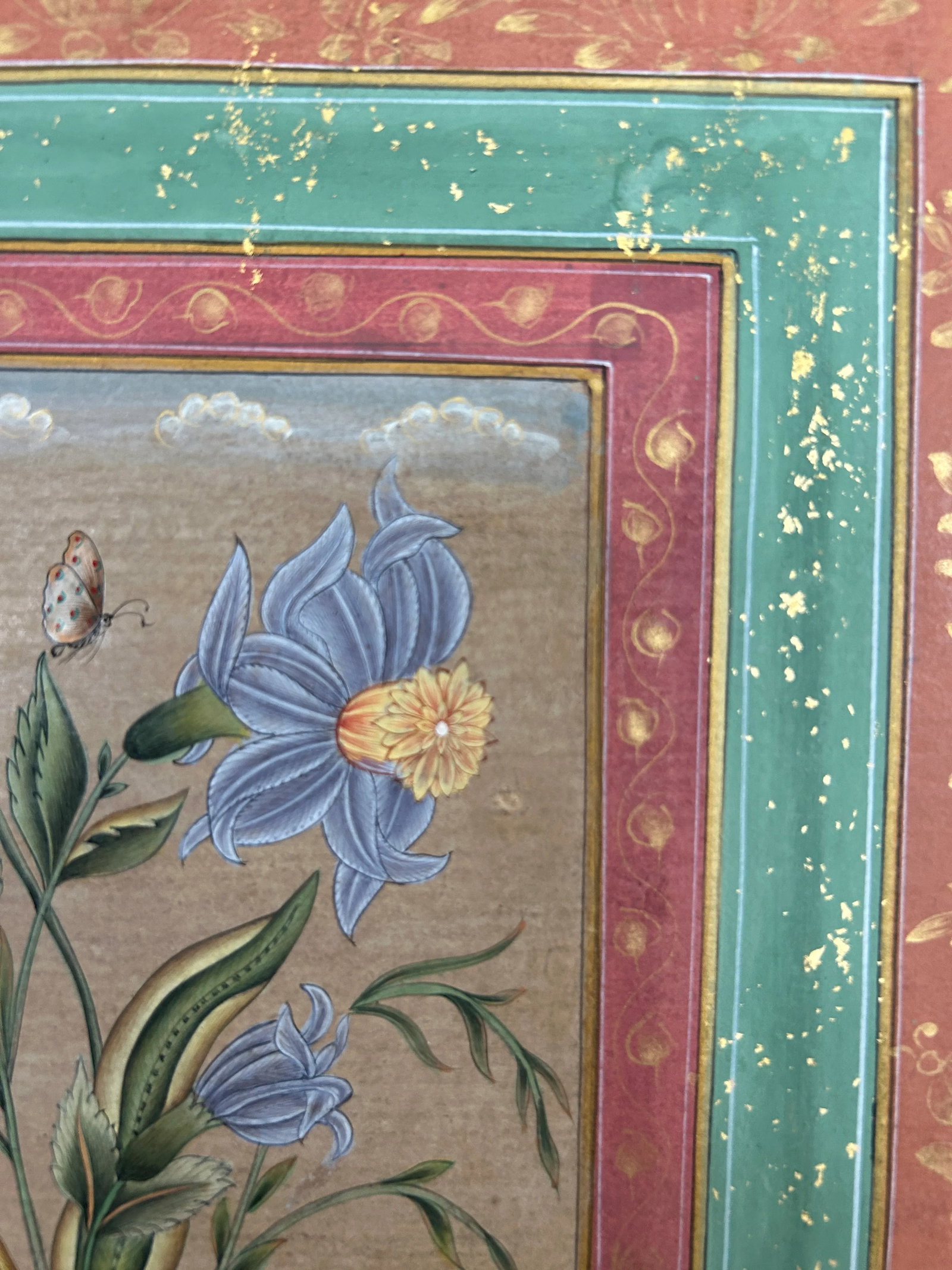 Vintage Indian Botanical in Mughal Border Painting With Gold Leaf - 7