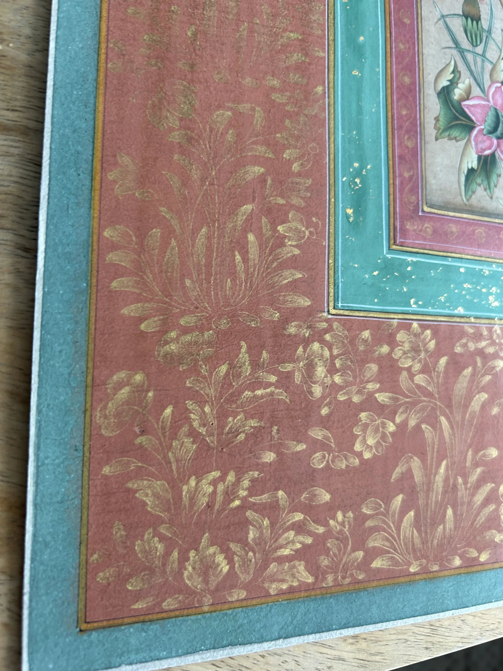 Vintage Indian Botanical in Mughal Border Painting With Gold Leaf - 9