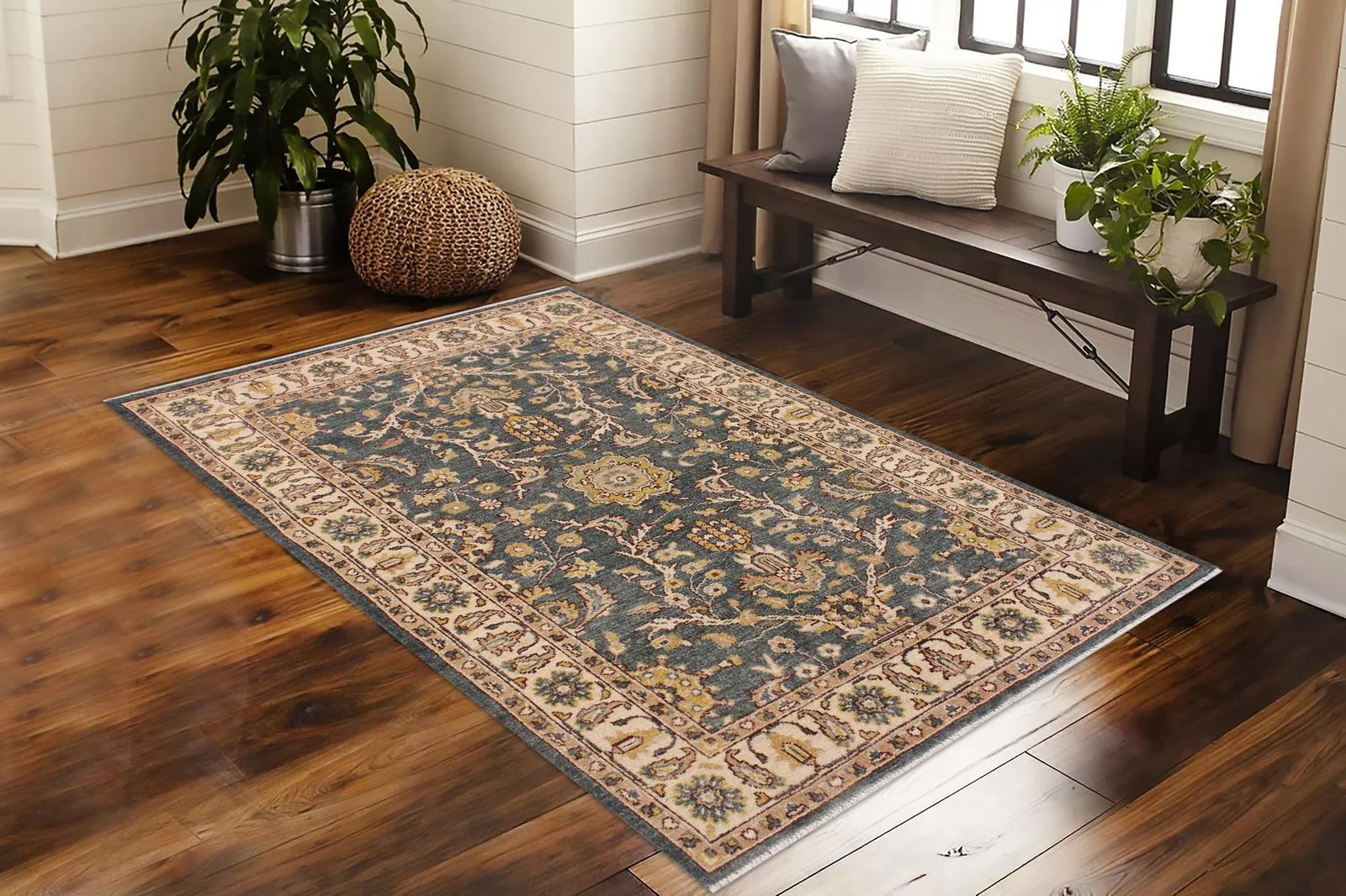 1990s Bohemian Heriz Ziegler Green Beige Hand-Knotted Rug - 3'11'' X 5'7'' - 2