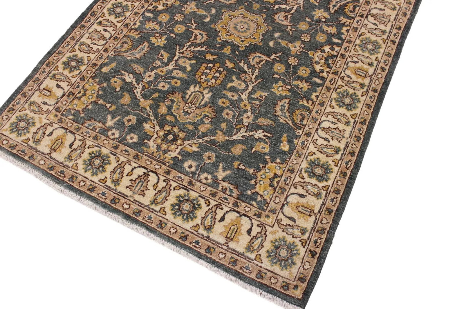 1990s Bohemian Heriz Ziegler Green Beige Hand-Knotted Rug - 3'11'' X 5'7'' - 3