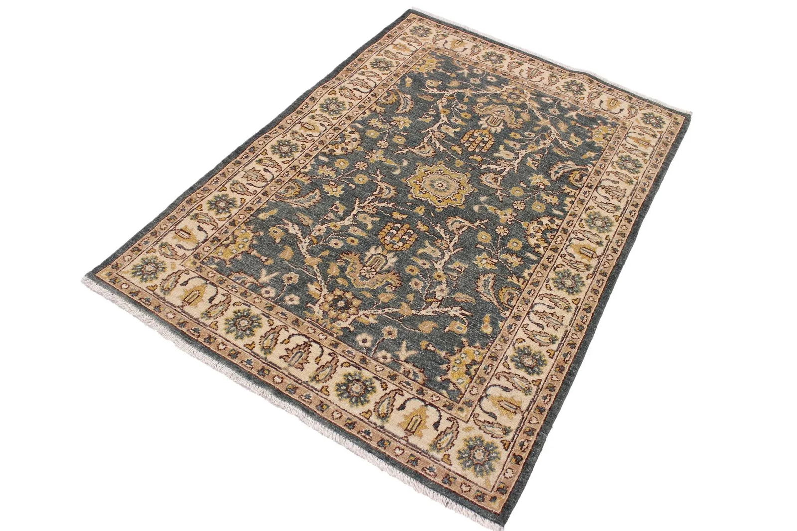 1990s Bohemian Heriz Ziegler Green Beige Hand-Knotted Rug - 3'11'' X 5'7'' - 5