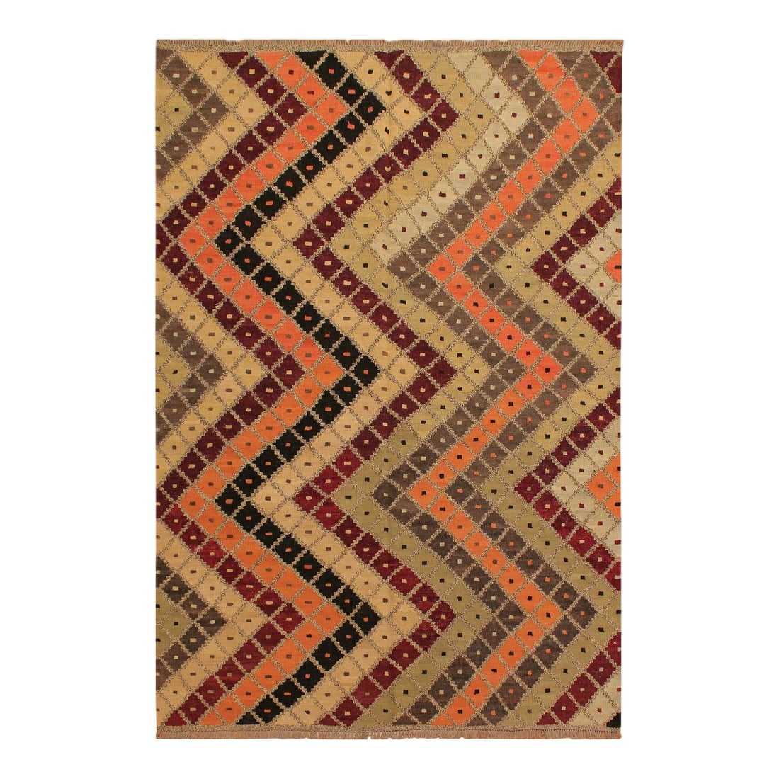 1990s Bohemian Kilim Tan Beige Wool Rug - 5'5" X 6'10": Add a touch of elegance to your home with this casual chic hand woven Tribal Kilim wool rug. Constructed on a loom by Nomad Turkman people with hand-spun wool and 100% Natural Vegetable dyes these