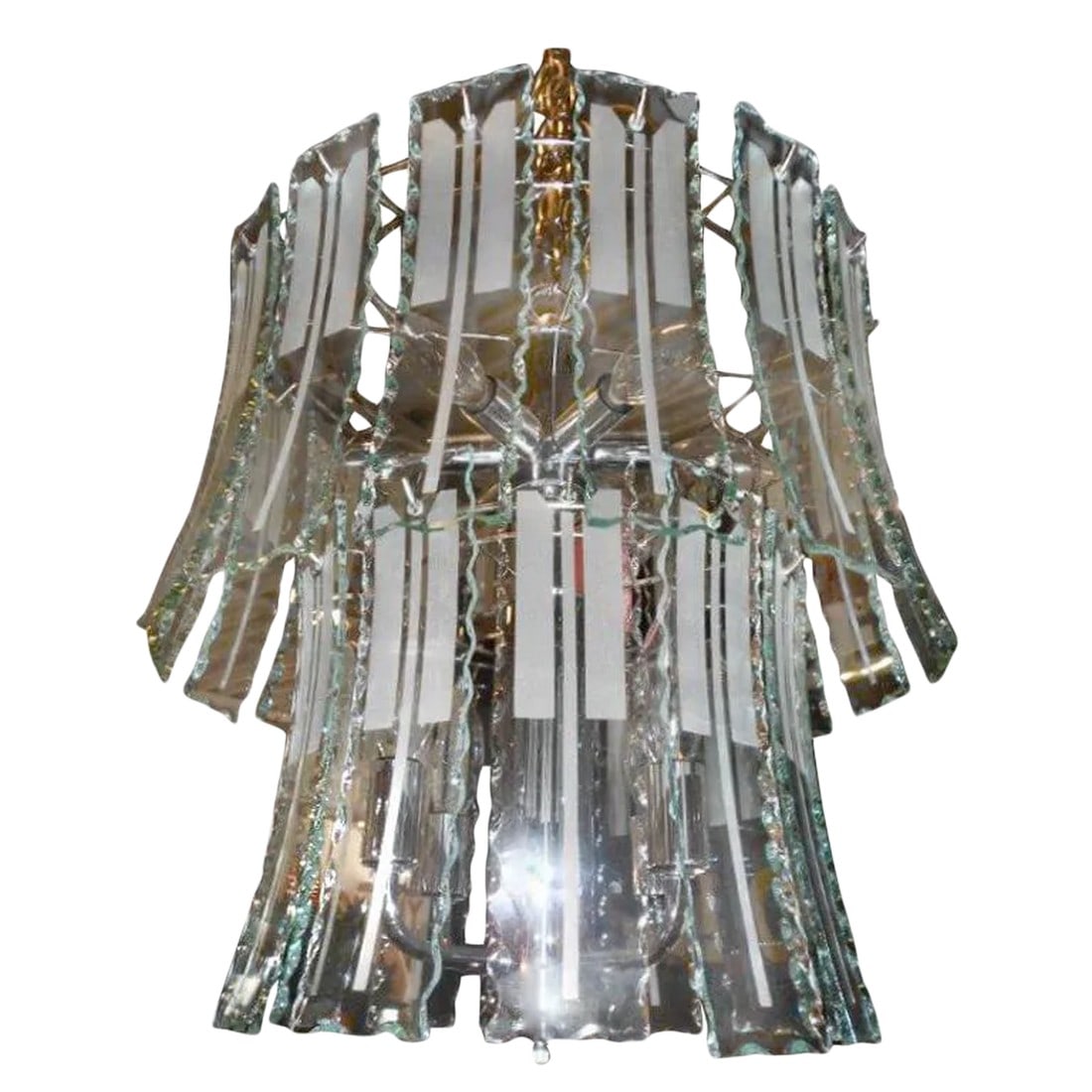 Mid Century Stylized Jellyfish Chandelier: I love this stylized mid century jellyfish chandelier. The lovely etching on the glass elements adds a wonderful artisanal and handmade touch to this glamorous piece. Condition: Alterations: Original