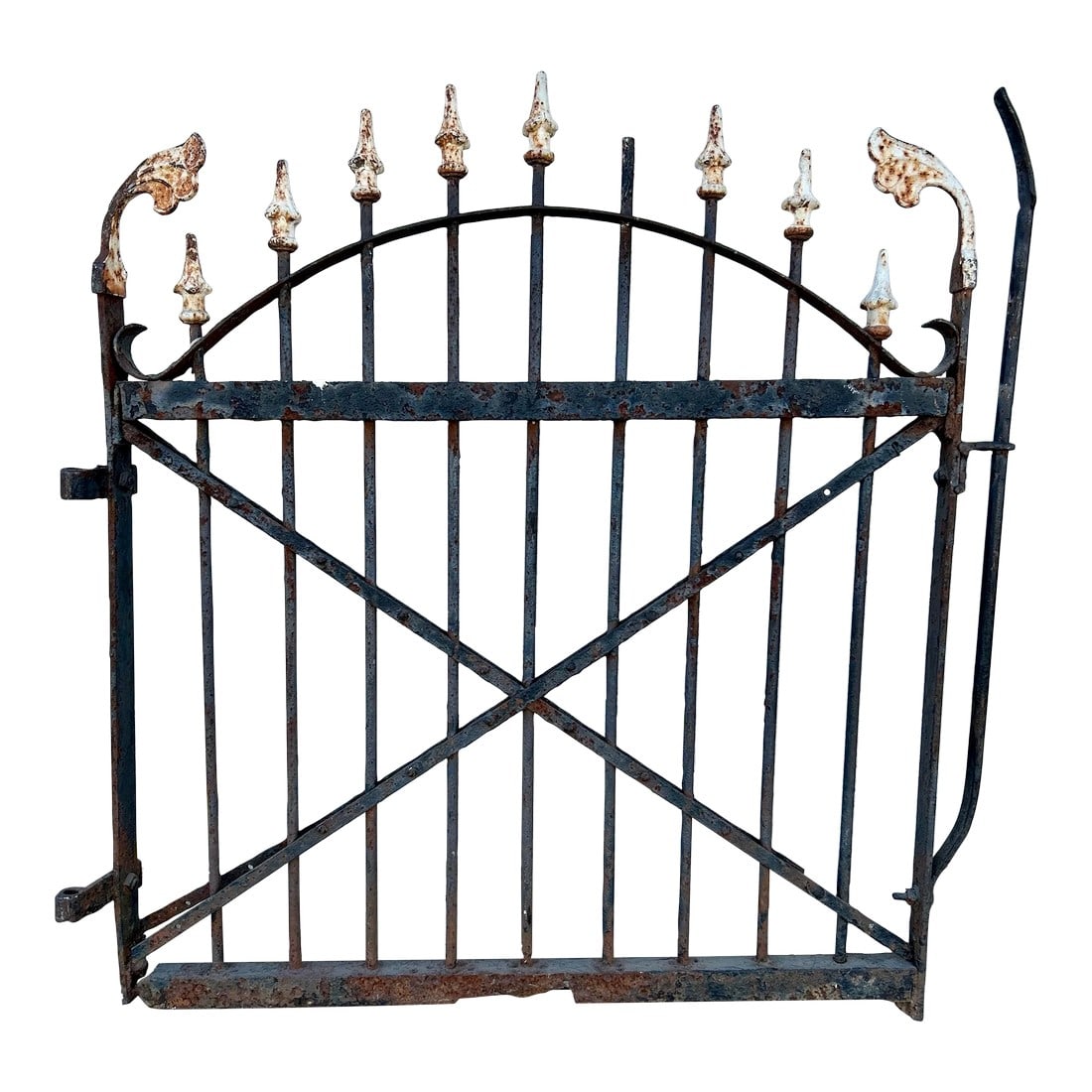Antique Rustic Wrought Iron Painted Gate: 1800s Victorian Era Wrought spiked iron gate piece that at onetime was used at an old Historic 1800s Victorian Home. Old chippy white paint and fantastic ornate over the top design. Distressed with