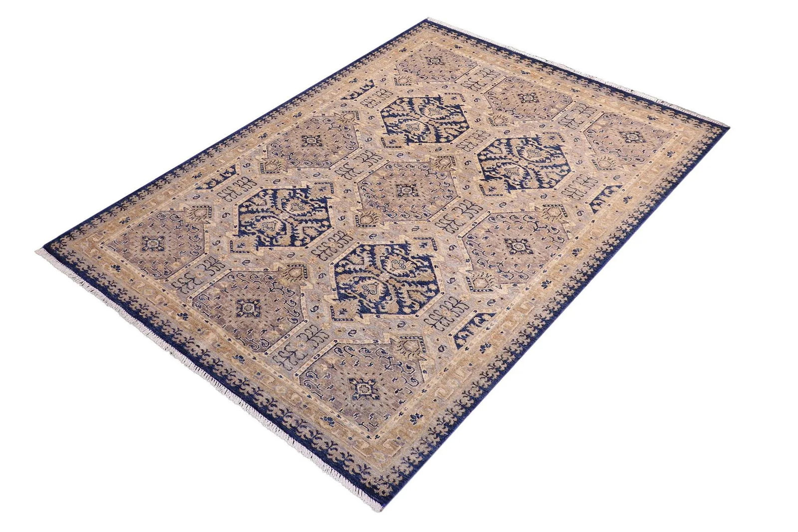 Oriental Ziegler Blue Beige Hand-Knotted Wool Rug - 4'11'' X 6'7'' - 4