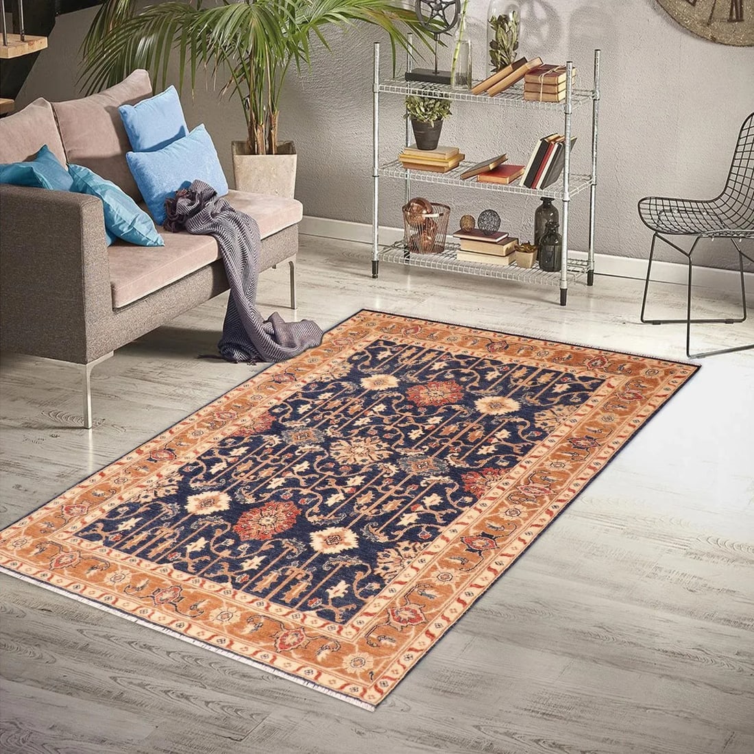 Shabby Chic Ziegler Blue Brown Hand-Knotted Wool Rug - 5'0'' X 6'10'' - 2