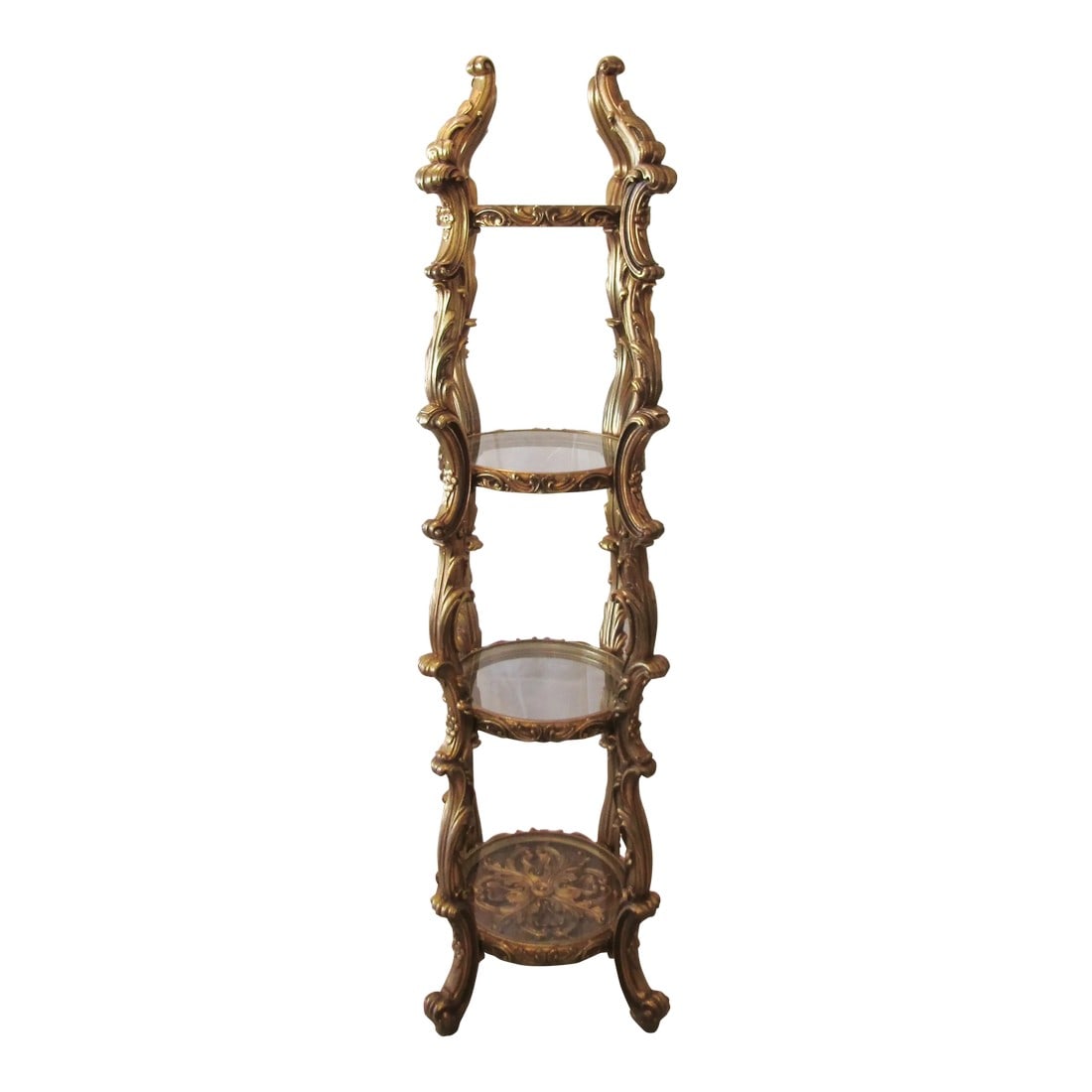 1960s Vintage Hollywood Regency Gold Italian Rococo Style 4 Tier Etagere Display Stand: Vintage Hollywood Regency Gold Italian Rococo Style 4 Tier Etagere Display Stand This large etagere was made by the Union Mirror and Table Company circa 1960's. It is made of heavy composition with an