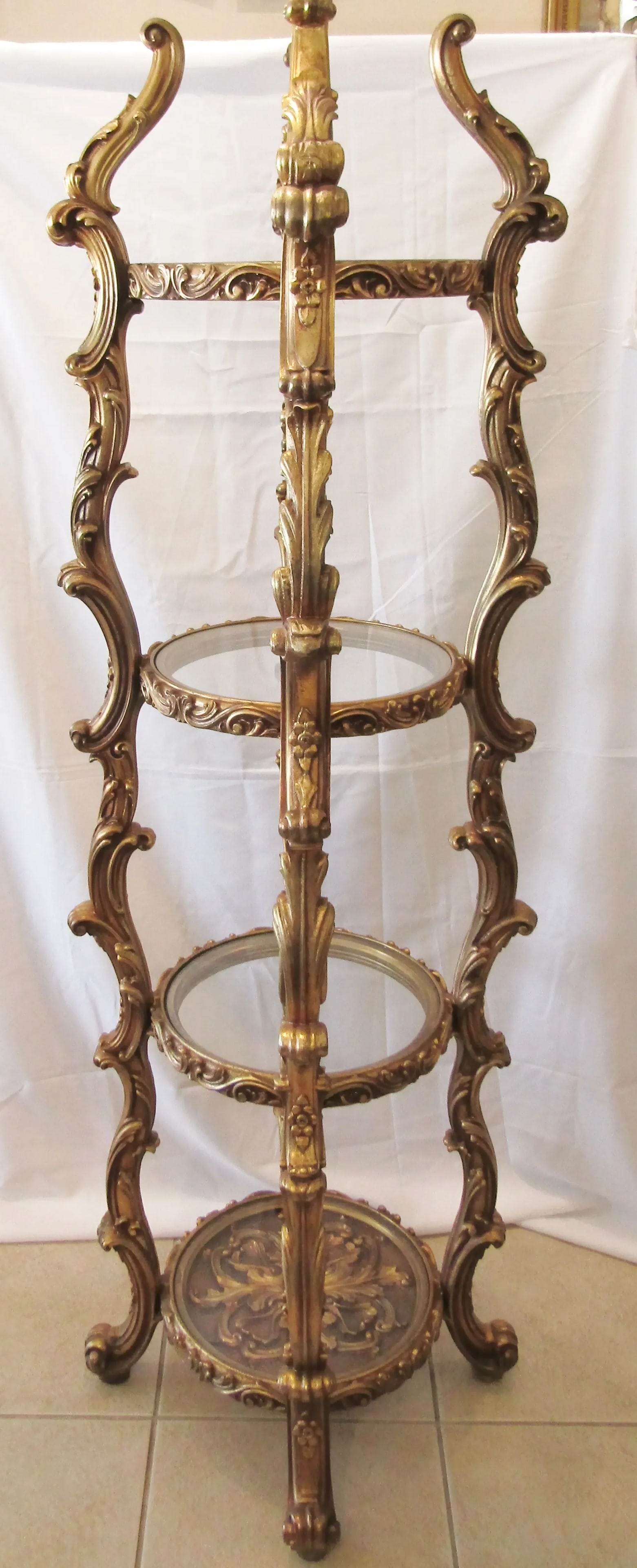 1960s Vintage Hollywood Regency Gold Italian Rococo Style 4 Tier Etagere Display Stand - 2