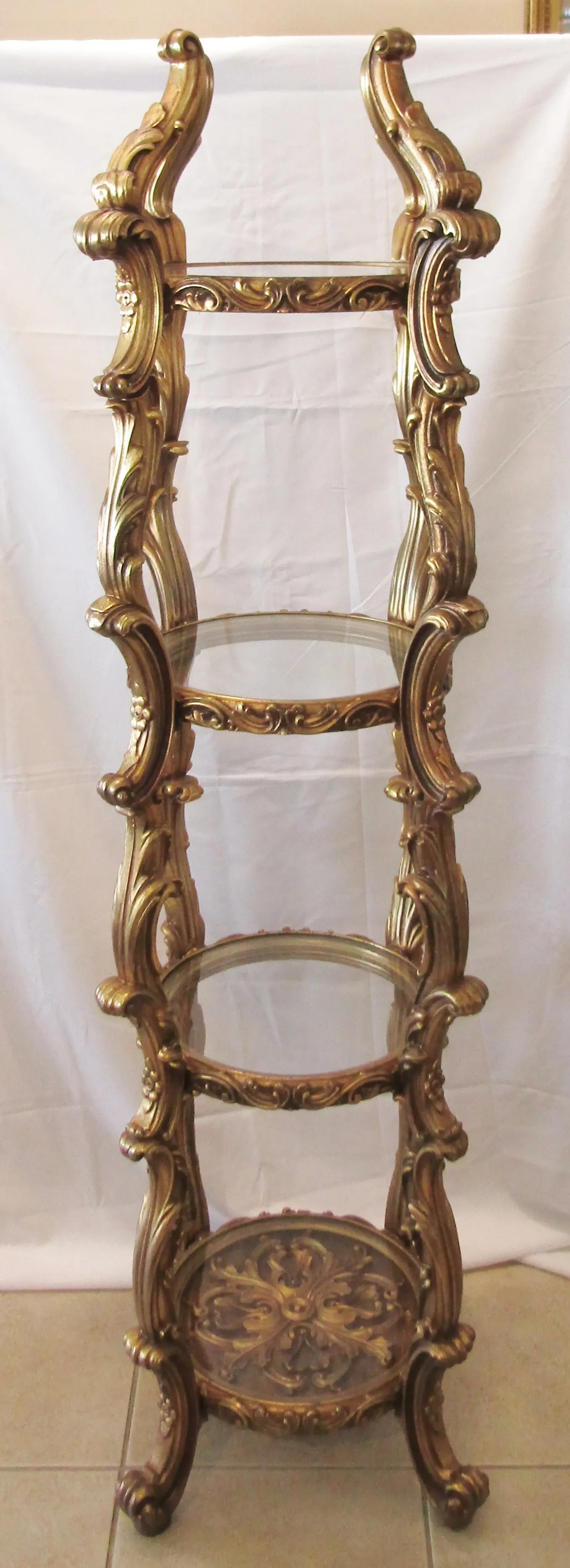 1960s Vintage Hollywood Regency Gold Italian Rococo Style 4 Tier Etagere Display Stand - 3