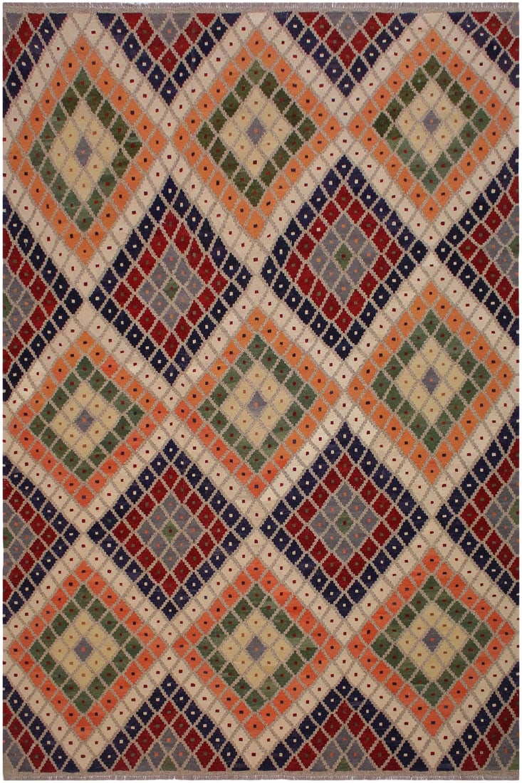 Geometric Tribal Kilim Hand-Woven Wool Rug - 8"²9"³ × 10"²1"³: Add a touch of elegance to your home with this casual chic hand woven Tribal Kilim wool rug. Constructed on a loom by Nomad Turkman people with hand spun wool and 100% Natural Vegetable dyes these bea