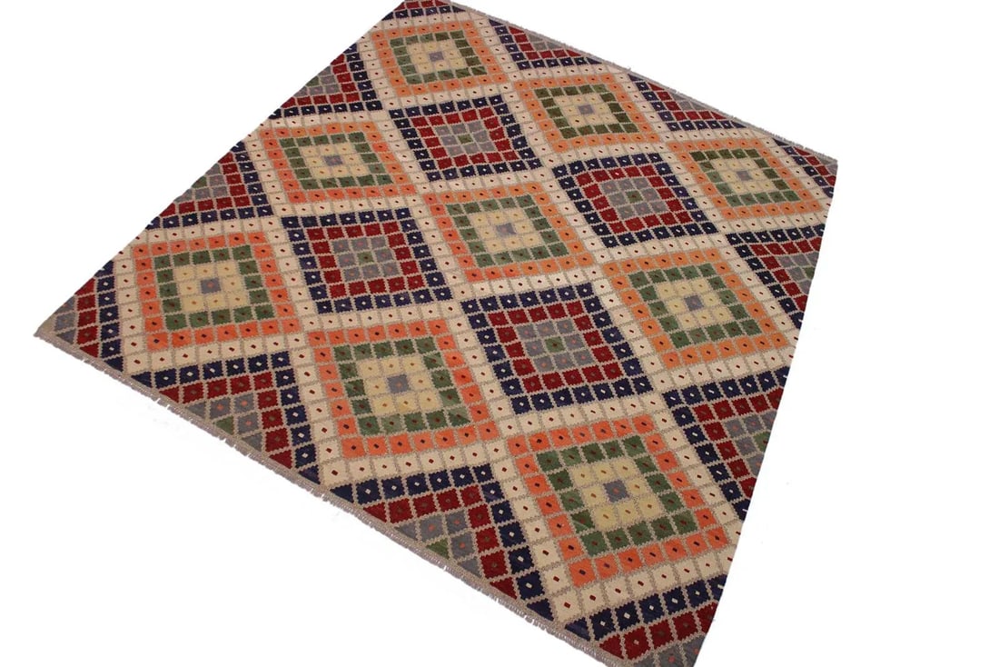 Geometric Tribal Kilim Hand-Woven Wool Rug - 8"²9"³ × 10"²1"³ - 2