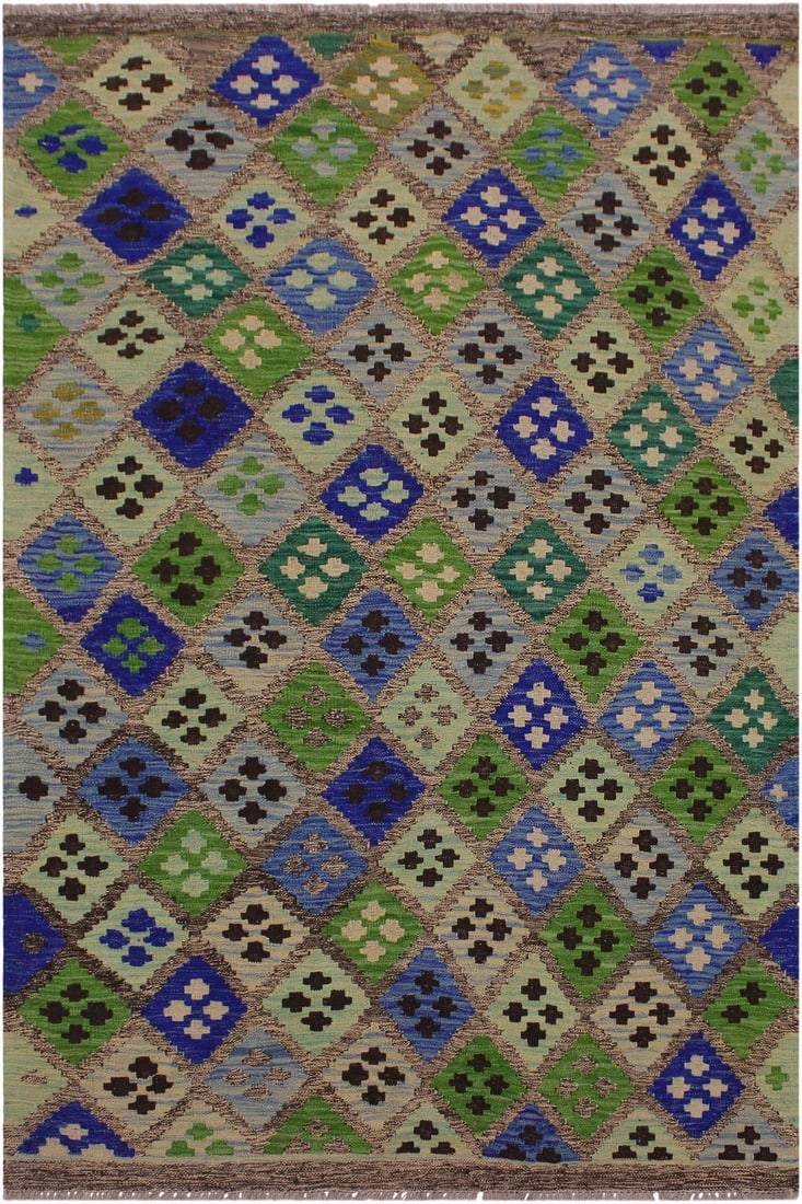 Contemporary Kilim Gray/Blue Hand-Woven Wool Rug - 4'1 X 5'10: Add a touch of elegance to your home with this casual chic hand woven Tribal Kilim wool rug. Constructed on a loom by Nomad Turkman people with hand spun wool and 100% Natural Vegetable dyes these