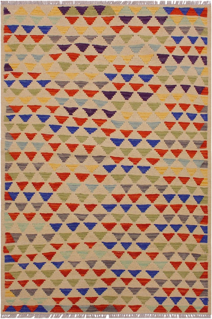 Contemporary Shabby Chic Kilim Ivory/Blue Hand-Woven Wool Rug -3'2 X 4'11: Add a touch of elegance to your home with this casual chic hand woven Tribal Kilim wool rug. Constructed on a loom by Nomad Turkman people with hand spun wool and 100% Natural Vegetable dyes these