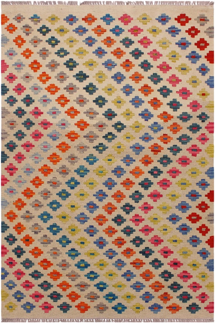 Contemporary Kilim Ivory/Pink Hand-Woven Wool Rug - 3'4 X 4'11: Add a touch of elegance to your home with this casual chic hand woven Tribal Kilim wool rug. Constructed on a loom by Nomad Turkman people with hand spun wool and 100% Natural Vegetable dyes these