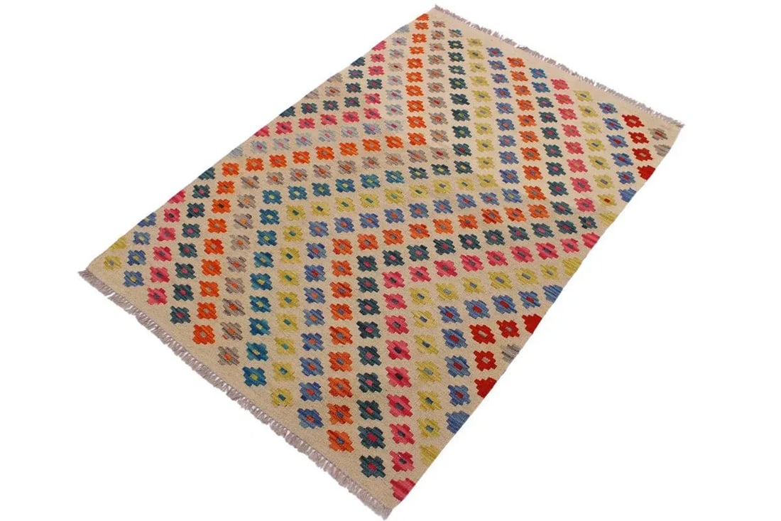Contemporary Kilim Ivory/Pink Hand-Woven Wool Rug - 3'4 X 4'11 - 2