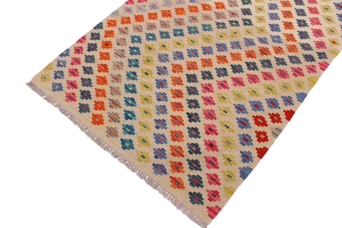 Contemporary Kilim Ivory/Pink Hand-Woven Wool Rug - 3'4 X 4'11 - 3