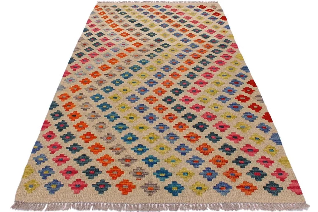 Contemporary Kilim Ivory/Pink Hand-Woven Wool Rug - 3'4 X 4'11 - 5
