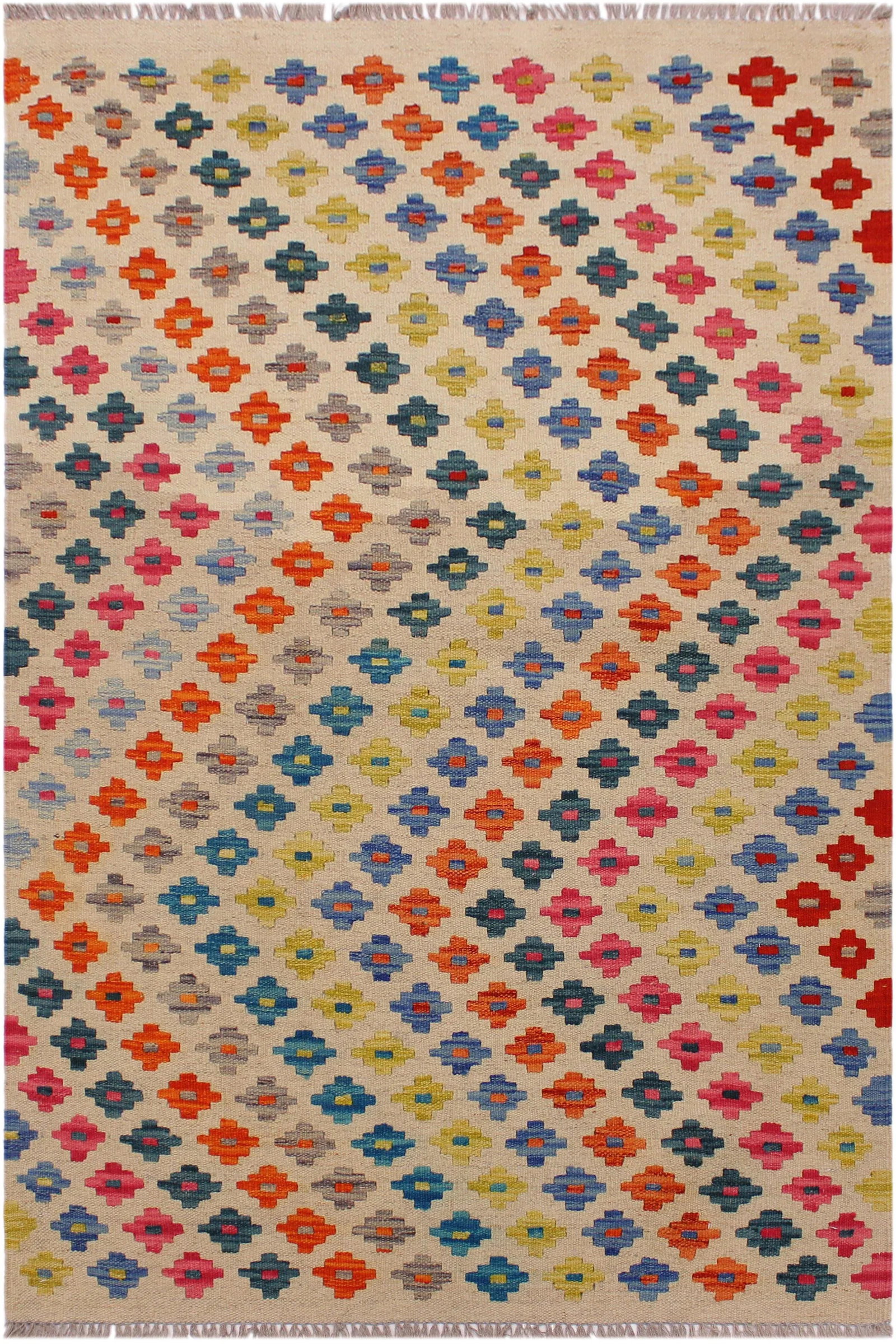 Contemporary Kilim Ivory/Pink Hand-Woven Wool Rug - 3'4 X 4'11 - 8