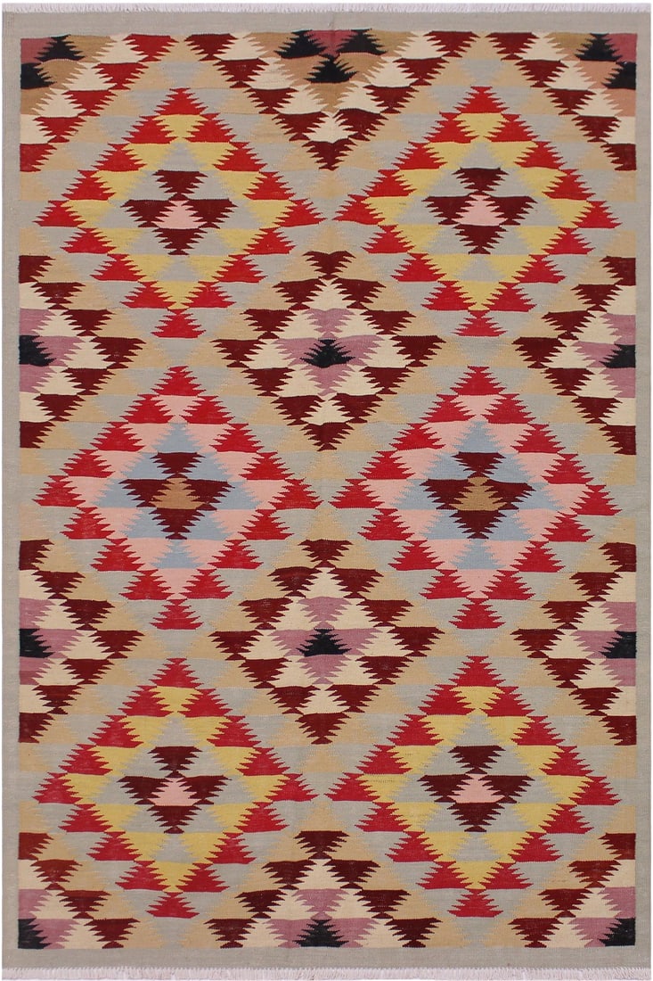 Geometric Kilim Red Hand-Woven Wool Rug -4"²8"³ × 6"²4"³: Add a touch of elegance to your home with this casual chic hand woven Tribal Kilim wool rug. Constructed on a loom by Nomad Turkman people with hand spun wool and 100% Natural Vegetable dyes these bea