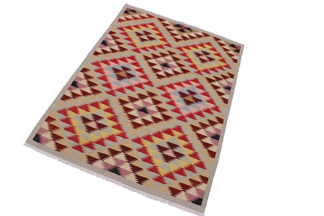 Geometric Kilim Red Hand-Woven Wool Rug -4"²8"³ × 6"²4"³ - 2