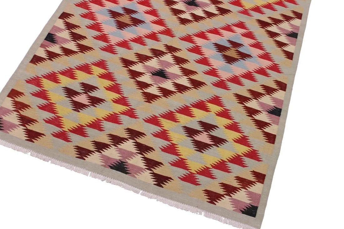 Geometric Kilim Red Hand-Woven Wool Rug -4"²8"³ × 6"²4"³ - 3