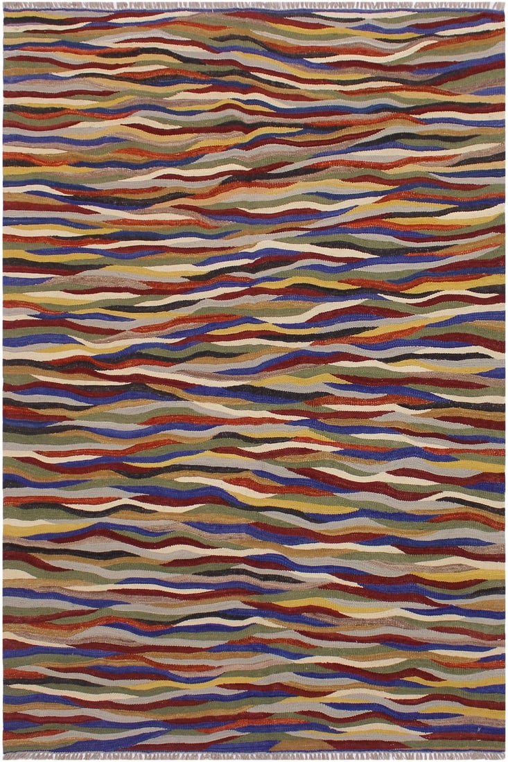 Abstract Kilim Hand-Woven Wool Rug -5'1 X 6'8: Add a touch of elegance to your home with this casual chic hand woven Tribal Kilim wool rug. Constructed on a loom by Nomad Turkman people with hand spun wool and 100% Natural Vegetable dyes these bea