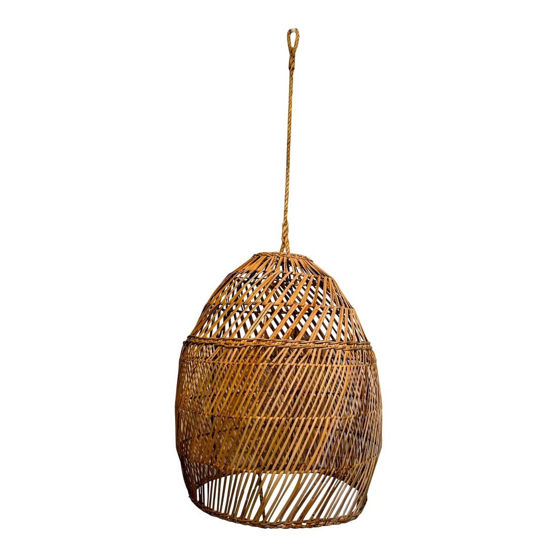 Large Rattan Bell Shaped Pendant Chandelier by Dovetail Furniture L A: Large Rattan Bell Shaped Chandelier Shade by Dovetail Furniture L A . Fantastic large chandelier that gives off wonderful light. In need of power source. Can be used indoors or outdoors. Top rope