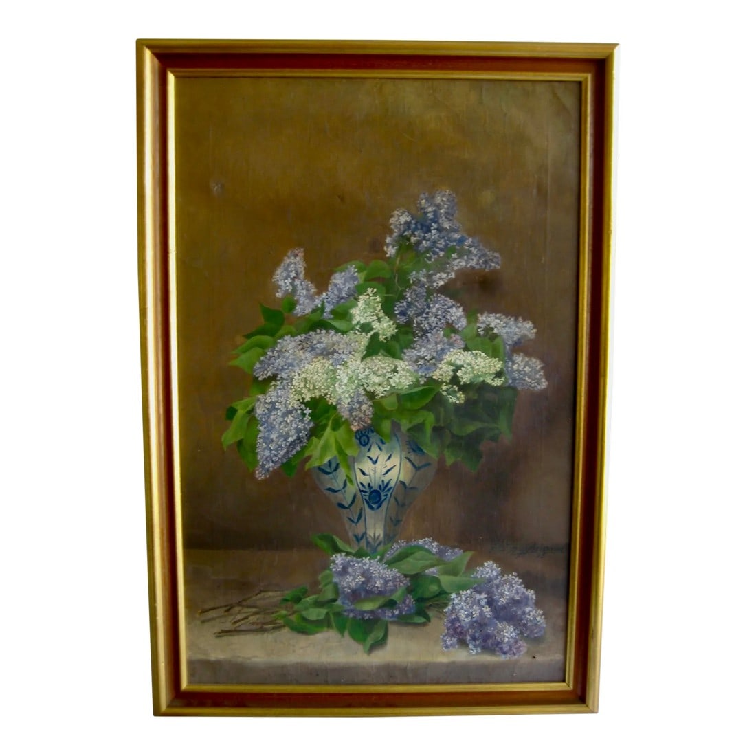 Still Life Glycine in a Vase Oil Painting 19th Century, Framed: Lovely 19 century oil painting showing a Delft porcelain vase with glycine flowers , the play with colors is a reel success with a darker background just showing like a shadow that high light the