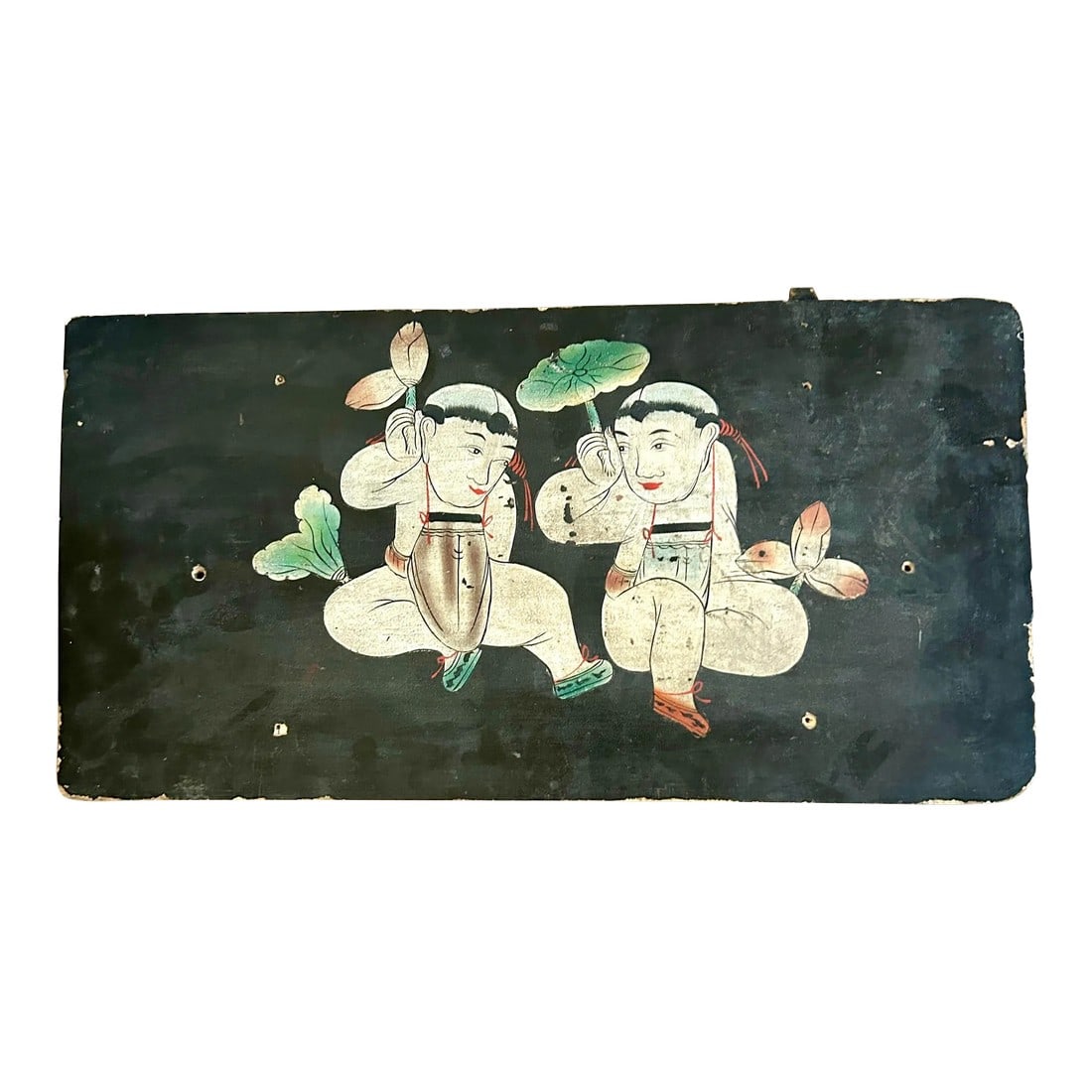 Antique Chinese Hand Painted Lacquer Panel With Two Children Holding Lotus Flowers.: Antique Chinese hand painted lacquer panel with two children holding lotus flowers. May have been a chest cover. Antique Chinese new paper on reverse. Dimensions approx 26.75 " x 14.25" X 1"" thick
