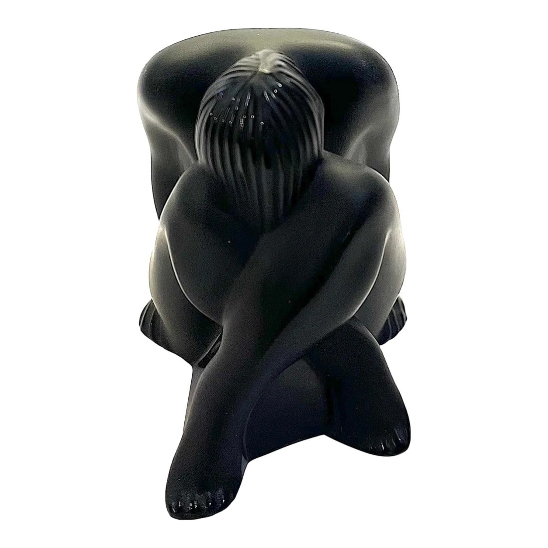 1990s Lalique Nu Assis Noir - Yoga Pose Figure - Original Box: RARE NOR (Black) COLOR. This Lalique classic was sculpted by Marie-Claude Lalique - Renee Lalique's grand daughter in 1993. It shows a pensive female nude sitting with her legs crossed. Produced