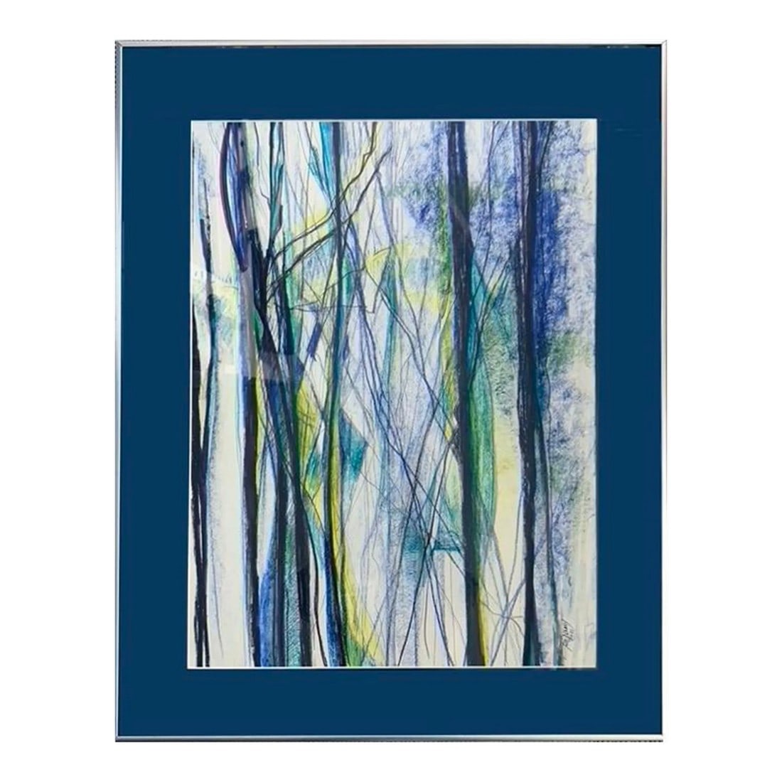 Tall Trees, a Modern Abstract Painting: The painting features dynamic, bold strokes in shades of blue, green and yellow acrylic paint on paper, mounted on acid-free board. Interwoven are fine lines in tones of blue and black. Mixed media