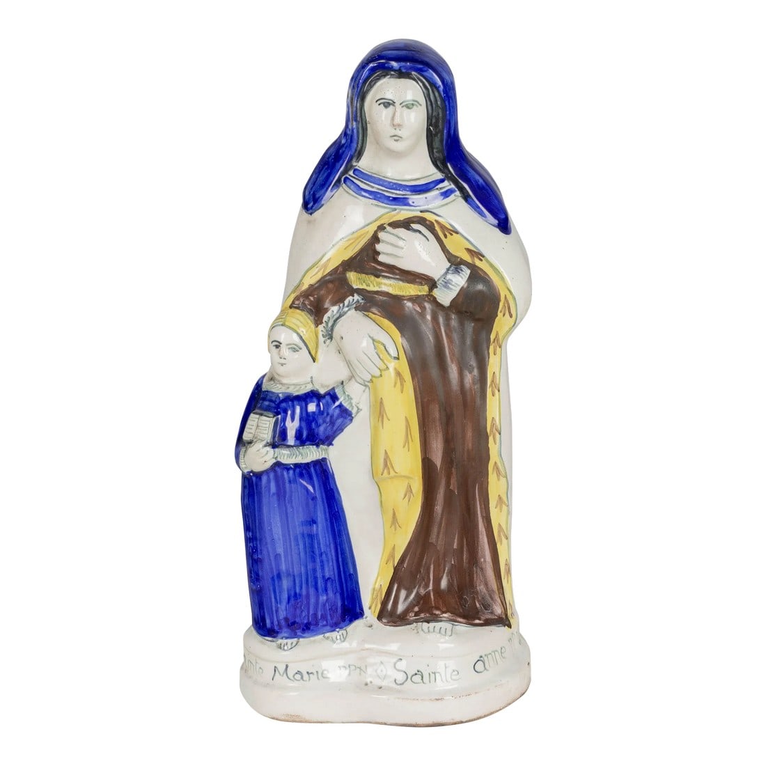 French Henriot Quimper Faience Statue of Virgin Mary & St. Anne: A Henriot Quimper French faience statue of Saint Anne and the young Virgin Mary. Polychrome enameled earthenware, hand-painted in blue, brown and yellow. Titled at the base and marked on bottom: