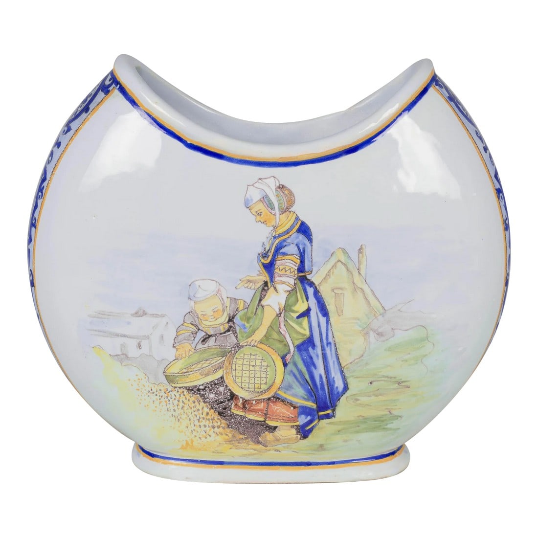 French Quimper Porquier Beau Faience Vase: A French Quimper faience vase by Porquier-Beau, hand-painted depicting scenes of a Breton mother and daughter sifting wheat and a father and son sharpening knives. Bands of deep blue foliate